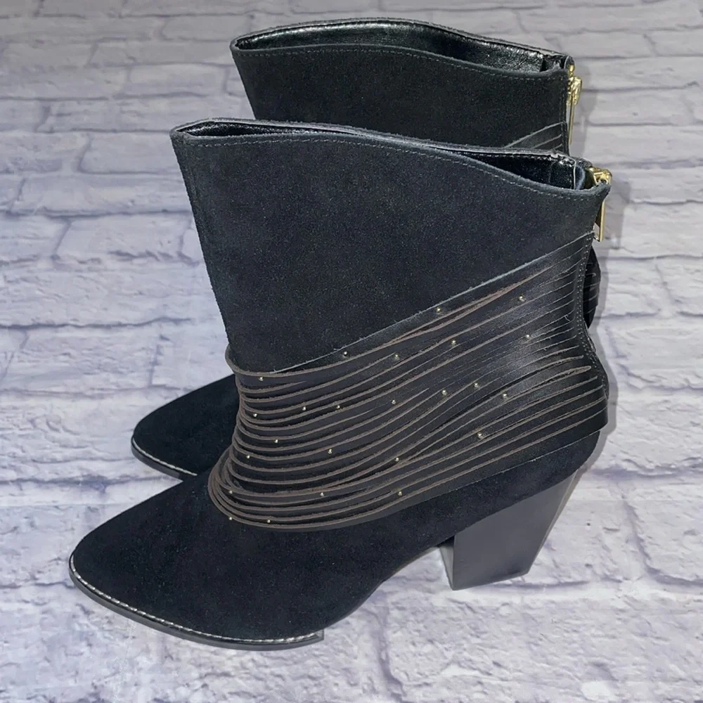 Kelsi Dagger Suede Black Back Zip Block Heel Studded Straps Pointed Toe Size 10M